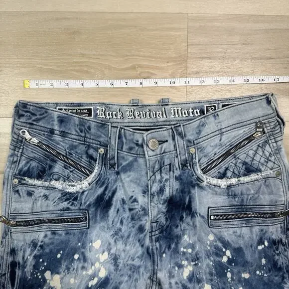 NEW Rock Revival Moto EAN Men's Jeans Acid Wash Blue Zippers 32x33 Stretch